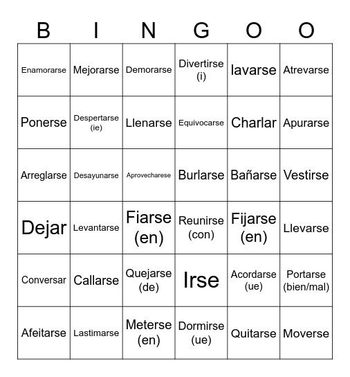 Spanish II - Lesson 8 Verbs Bingo Card