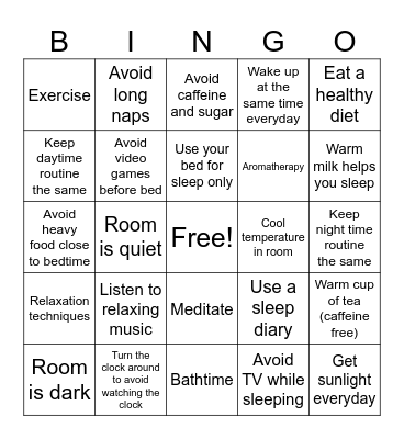 Good Sleep Hygiene Bingo Card