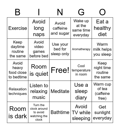 Good Sleep Hygiene Bingo Card