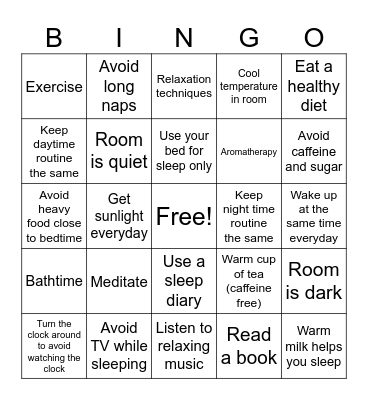 Good Sleep Hygiene Bingo Card