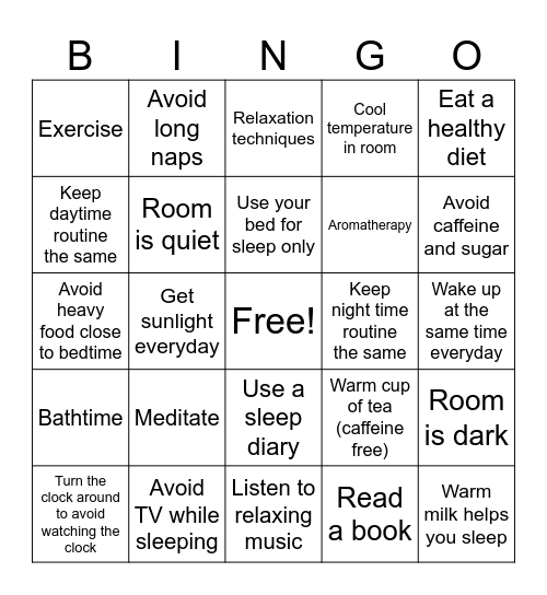 Good Sleep Hygiene Bingo Card