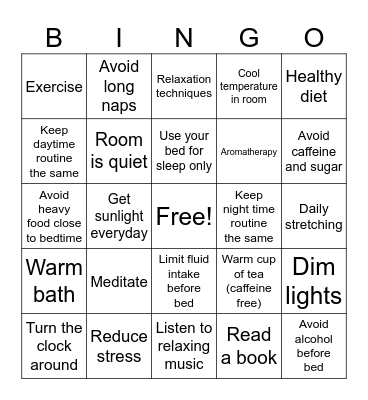 Good Sleep Hygiene Bingo Card