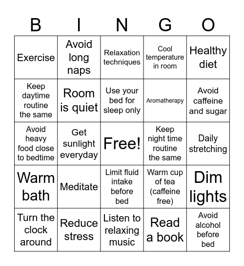 Good Sleep Hygiene Bingo Card