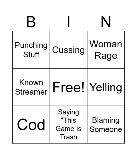 Gamer Rage Bingo Card