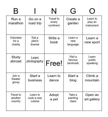 goals Bingo Card