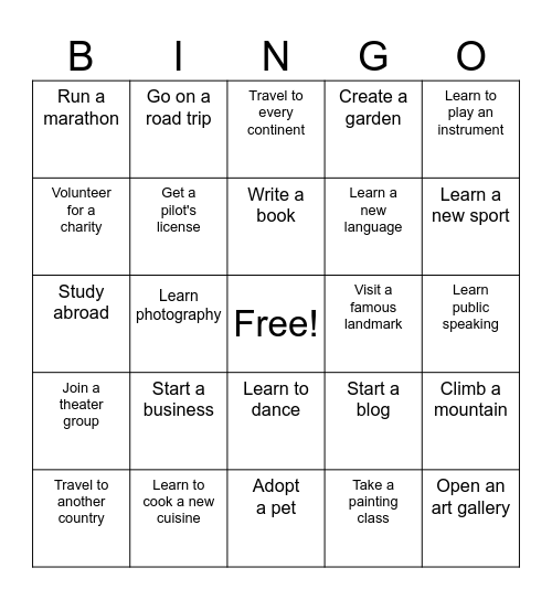 goals Bingo Card