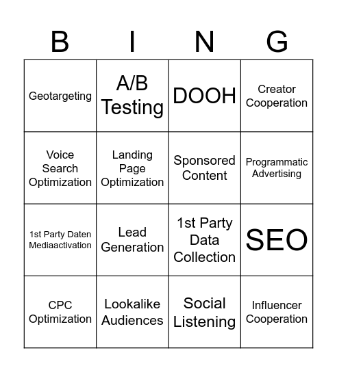 Digital Marketing Bingo Card