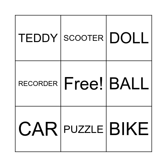 Toys (words) Bingo Card