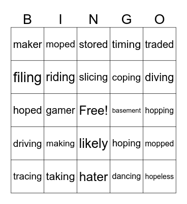 Silent E Suffix /doubling rule Bingo Card