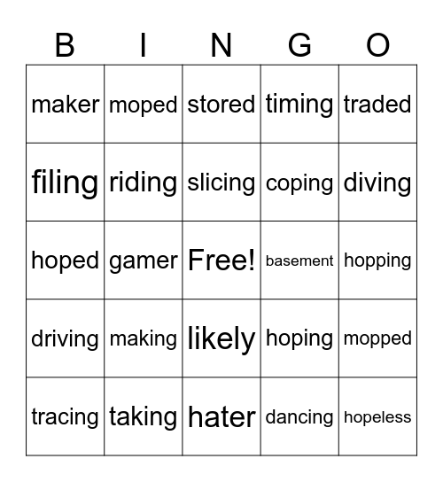 Silent E Suffix /doubling rule Bingo Card