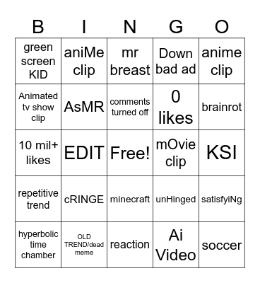 youtube shorts bingo Card