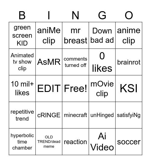 youtube shorts bingo Card