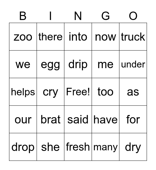 Tricky Word Bingo Card