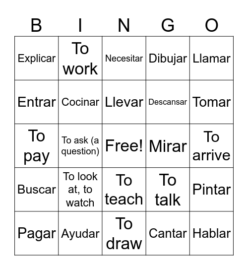 -AR verbs Bingo Card