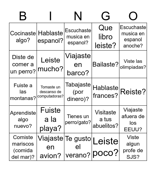 Bingo en ESPANOL!! Bingo Card
