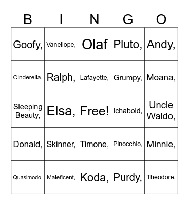 Disney Bingo Card