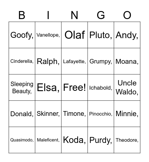 Disney Bingo Card