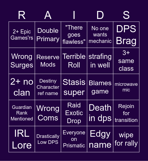 LFG Bingo Card