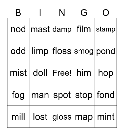 M and O words Bingo Card