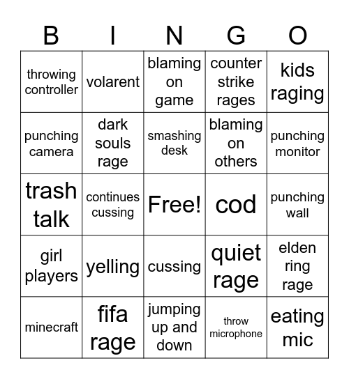 gamer rage Bingo Card