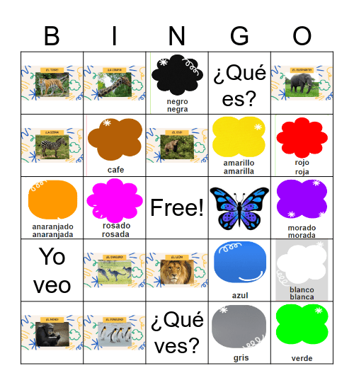 Los animales salvajes y los colores con pregunta Bingo Card