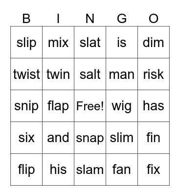 Short i/ Short A BINGO Card