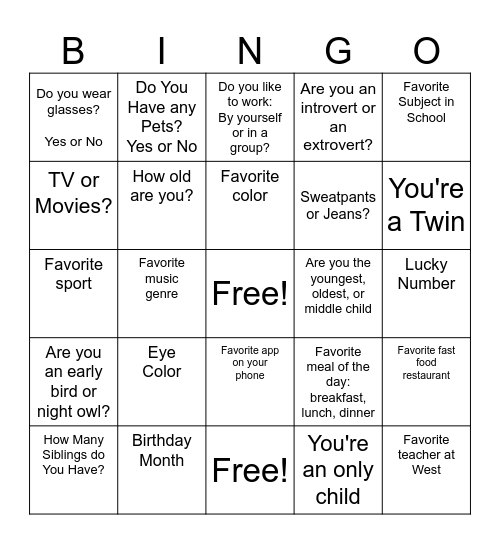 1st Day Bingo Card