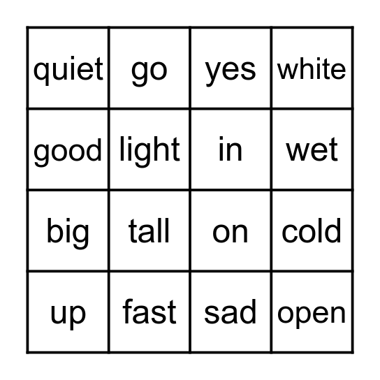Opposites Bingo Card