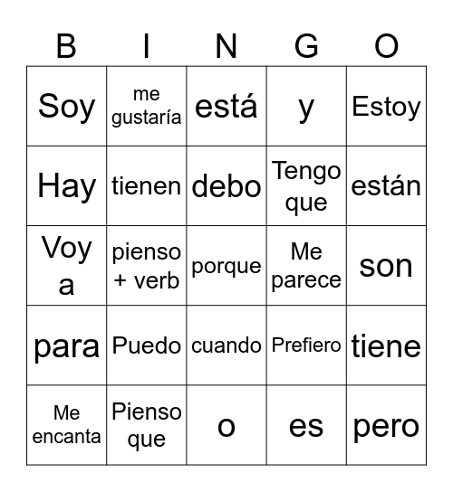 Common verbs/conjunctions Bingo Card