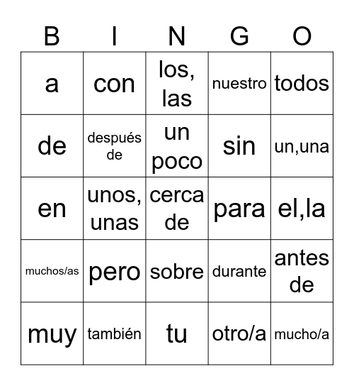 Common Spanish Words- Bottom Bingo Card