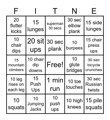 Fitness Bingo Card
