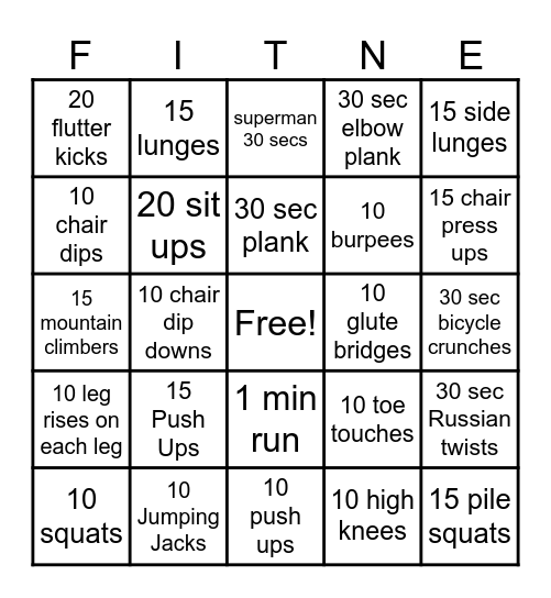 Fitness Bingo Card