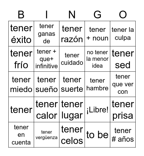 IB Tener Expressions Bingo Card