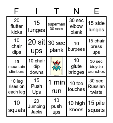 Fitness Bingo Card