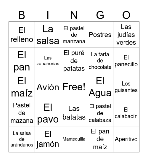 Spanish thanksgiving Bingo Card