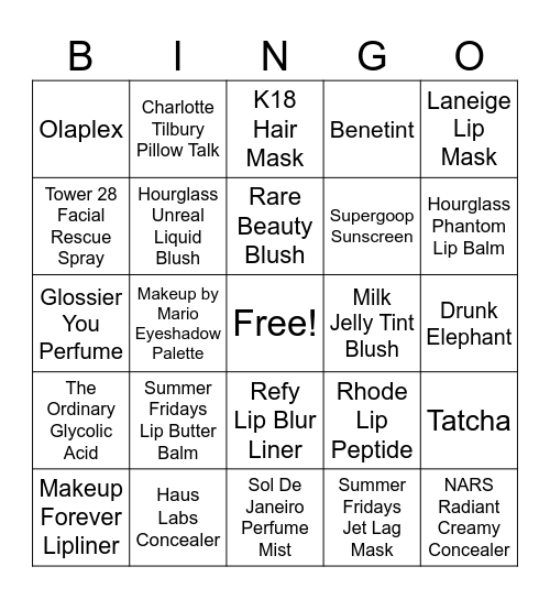 Makeup Bingo Card