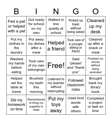 Responsible Choices Bingo Card