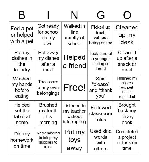 Responsible Choices Bingo Card