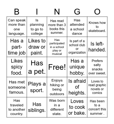Get to know you Bingo Card