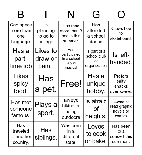 Get to know you Bingo Card