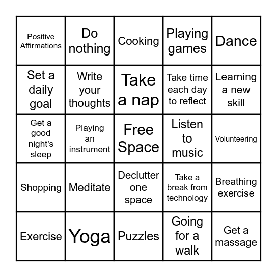 Mindfulness Bingo Card