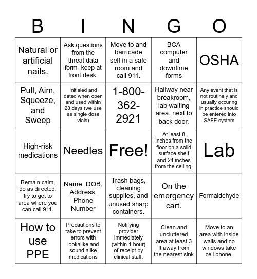 Safety Rounds Bingo Card
