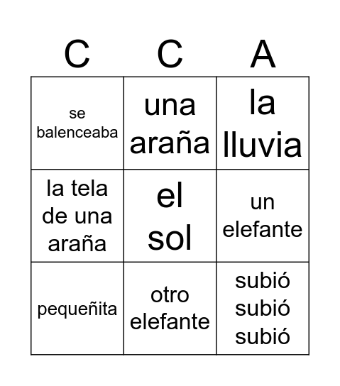 Kindergarten Spanish Songs Bingo Card