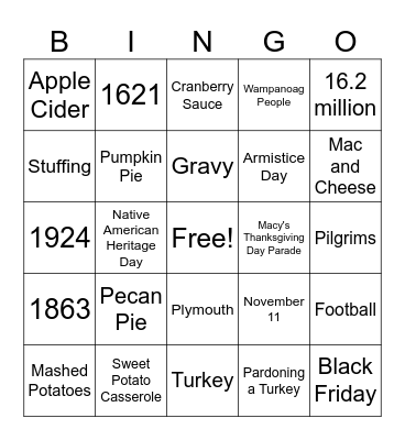 Veterans Day & Thanksgiving Bingo Card