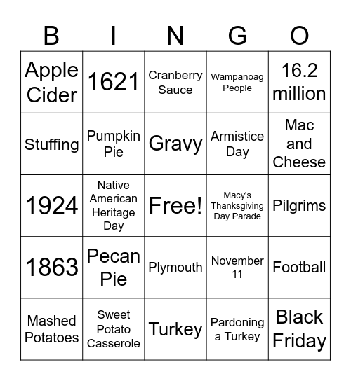 Veterans Day & Thanksgiving Bingo Card