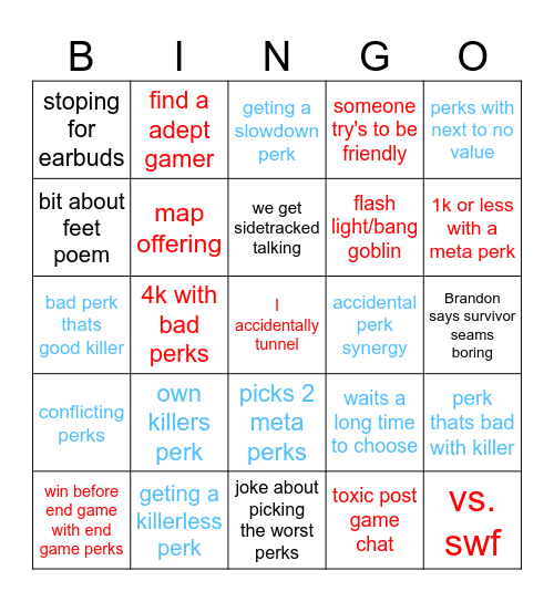 DBD friend picks my perks Bingo Card