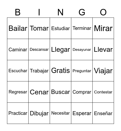AR Verbs Bingo Card