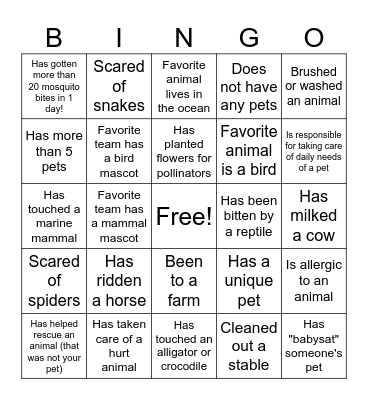 Animal Experience Bingo Card