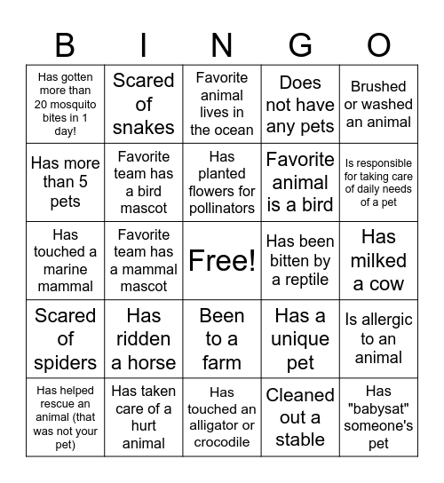 Animal Experience Bingo Card