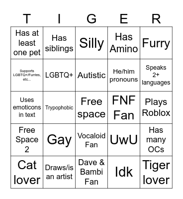 UTAU Tiger's Random Bingo Card